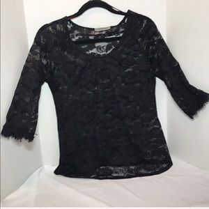 ELEGANT sheer black lace floral print blouse S